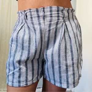 Max Studio Women Linen Blend Navy White Striped High Rise Elastic Waist Shorts L